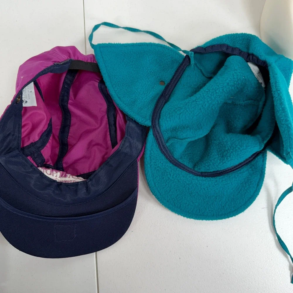 Vtg Columbia L 3 in 1 Trapper Ear Flap Cap Purple Teal Fleece Lined Gorpcore Hat